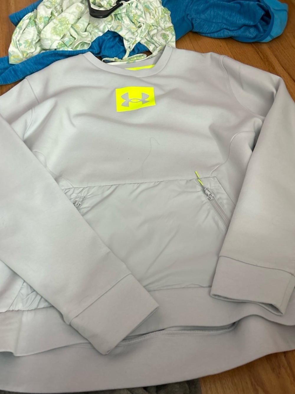 Under Armour woman’s Light Gray Crewneck Pullover with Neon Yellow Logo